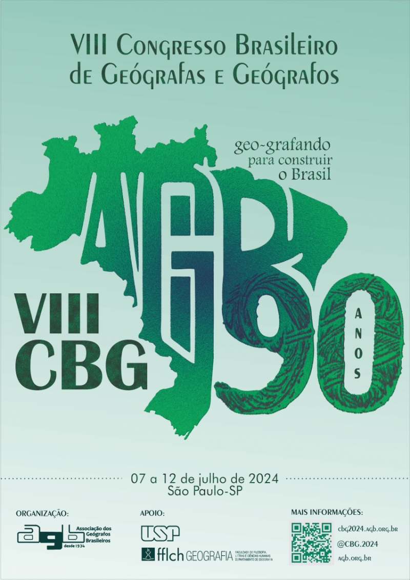 Banner, com fundo colorido, de divulgação do evento, com a apresentação da arte e das informações básicas. A arte é uma estilização livre do mapa do Brasil com as palavras "AGB" e "90 anos" gravada.