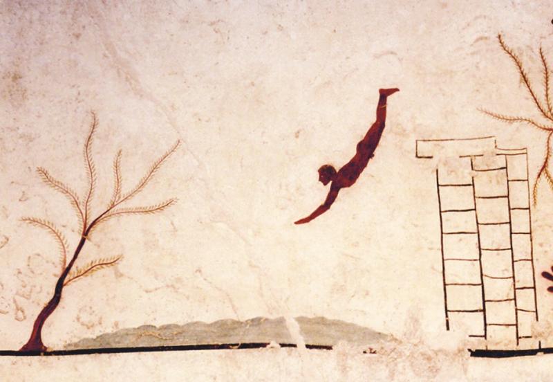 A tumba do mergulhador (detalhe c: O Mergulhador – teto), afresco, c. 480 a.C., Museo Archeologico Nazionale di Pestum, Pestum