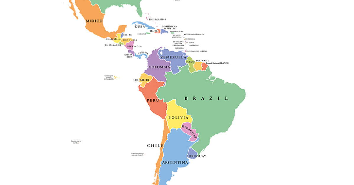 Mapa da América Latina com os nomes de cada país