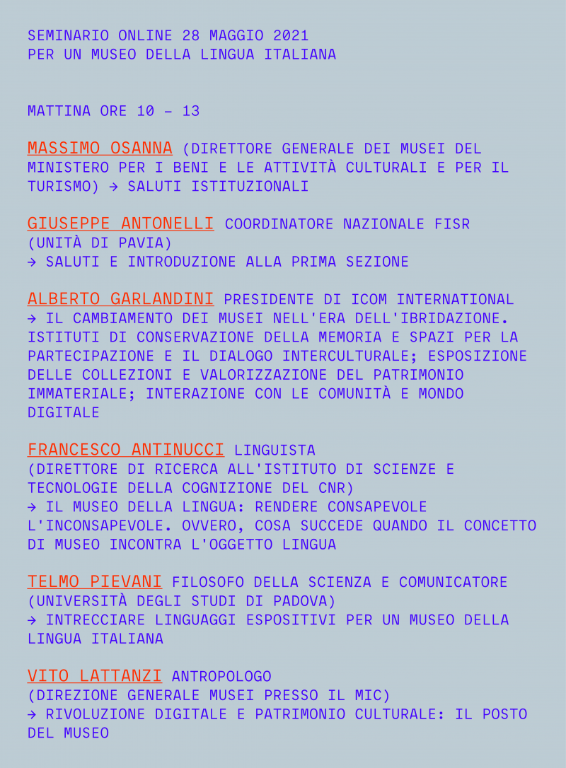 Programa - período matutino (professores italianos apresentam suas ideias para a formação do museu italiano) 