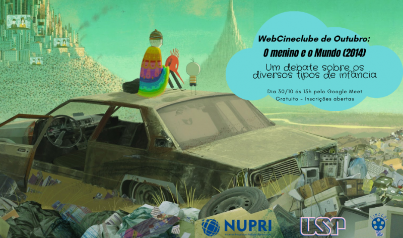 Webcineclube de outubro: O menino e o mundo (2014) - Um debate sobre os diversos tipos de infância. Dia 30/10 ás 15h pelo Google Meet. Gratuito. Inscrições abertas. #PraCegoVer: A imagem mostra uma cena do filme onde o menino está sentado ao lado de um homem, eles estão em cima de uma carcaça de um carro dentro de um lixão e observam a cidade ao longe. A cidade é representada por colinas lotadas de casas, prédios, televisões enormes e fumaça.